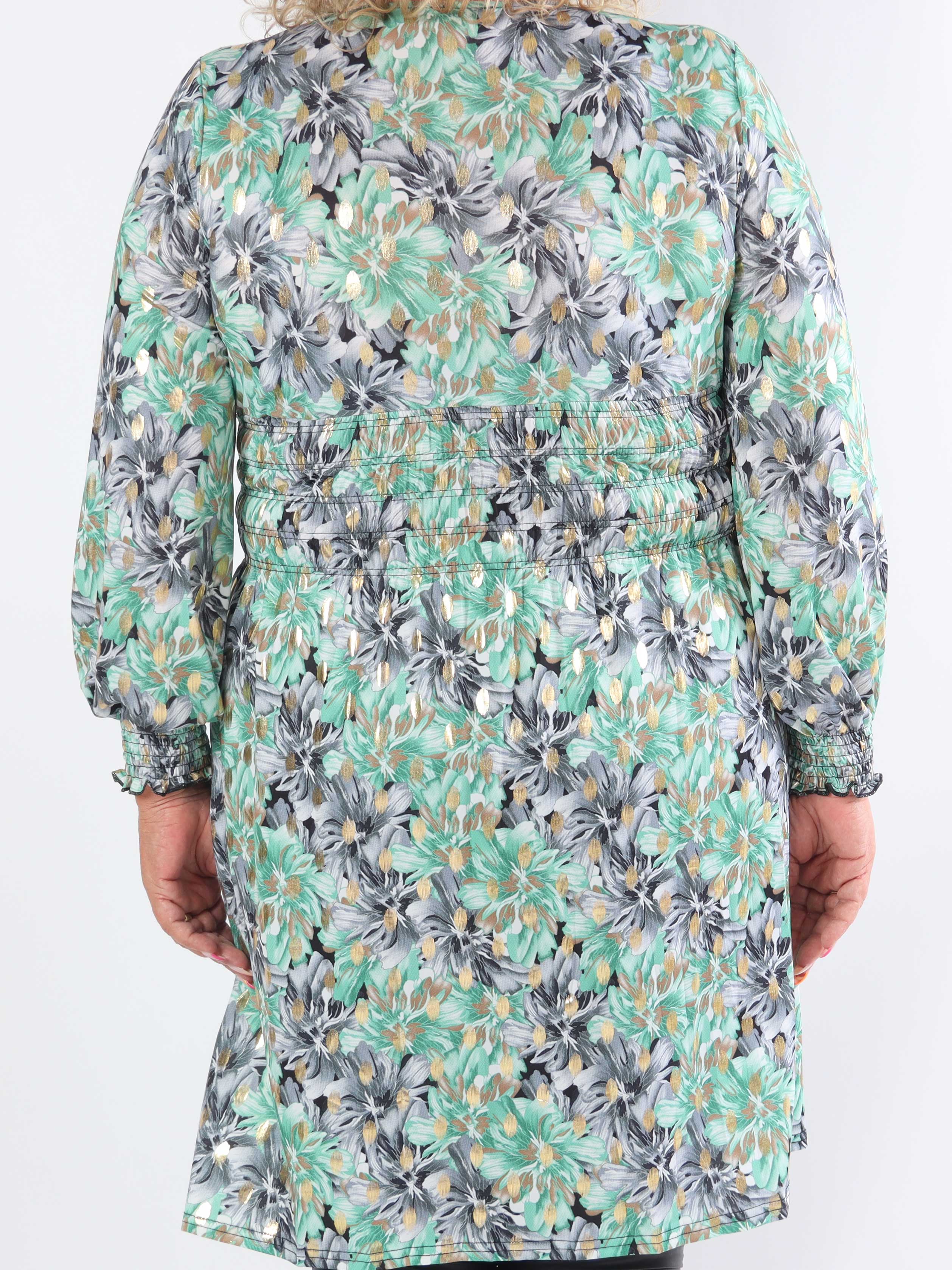 Pams Floral Short L/S - Elastisk plus size kjole med smock i livet